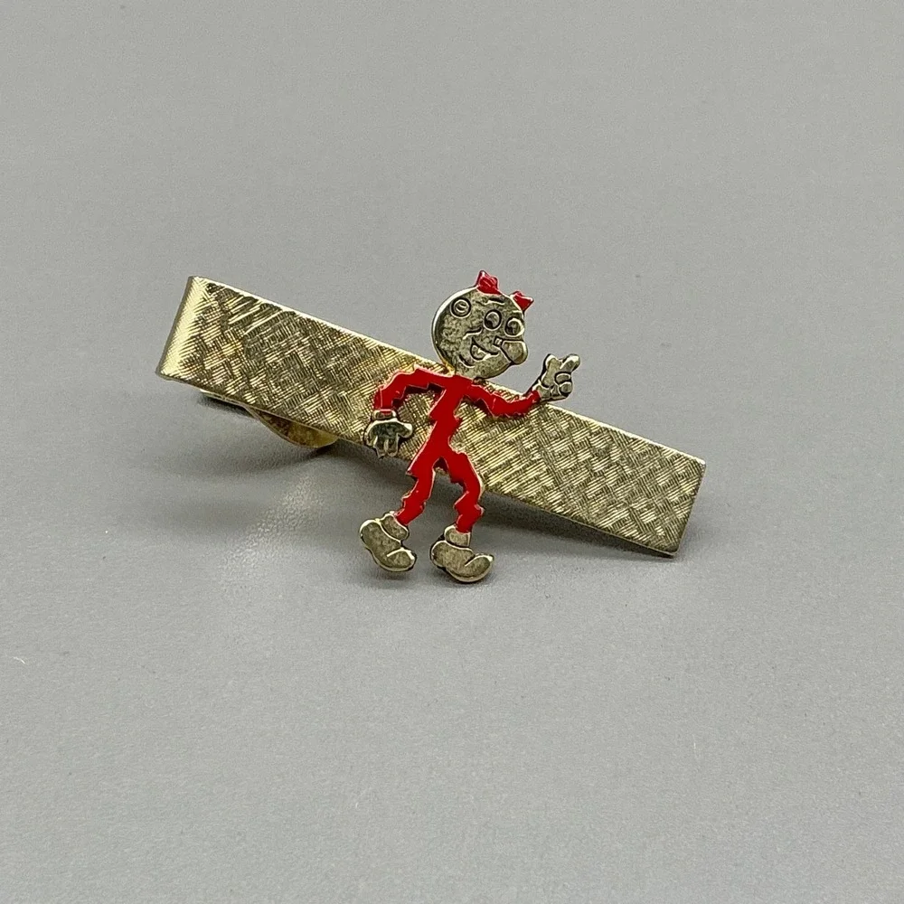 Vintage Reddy Kilowatt Tie Clip Gold Tone Textured Bar Advertising Novelty